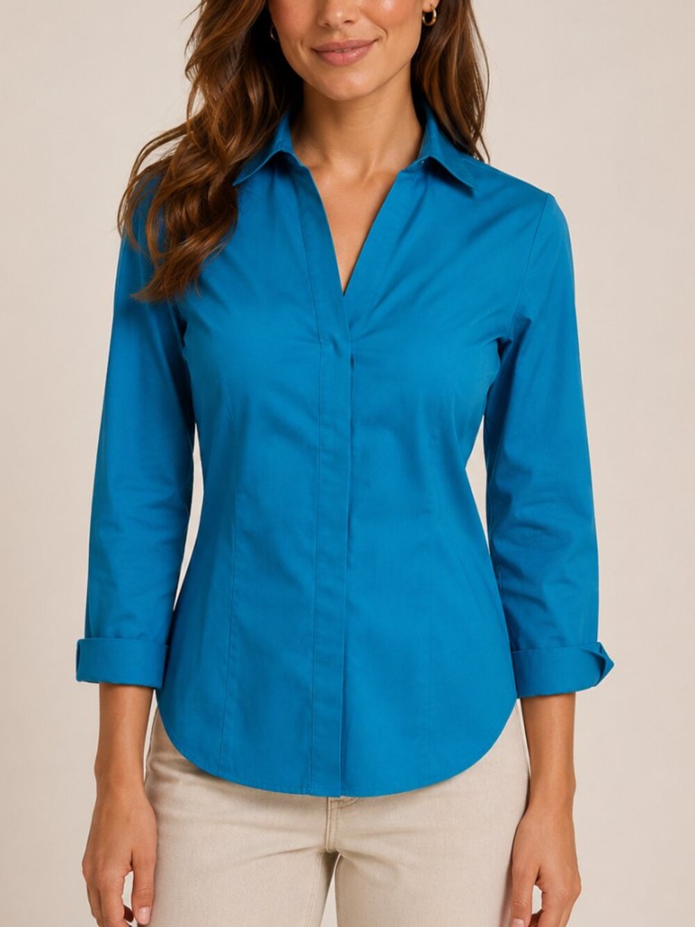 Foxcroft Non-Iron Stretch Fitted Button Down Shirt Petite 0 Blue Cotton